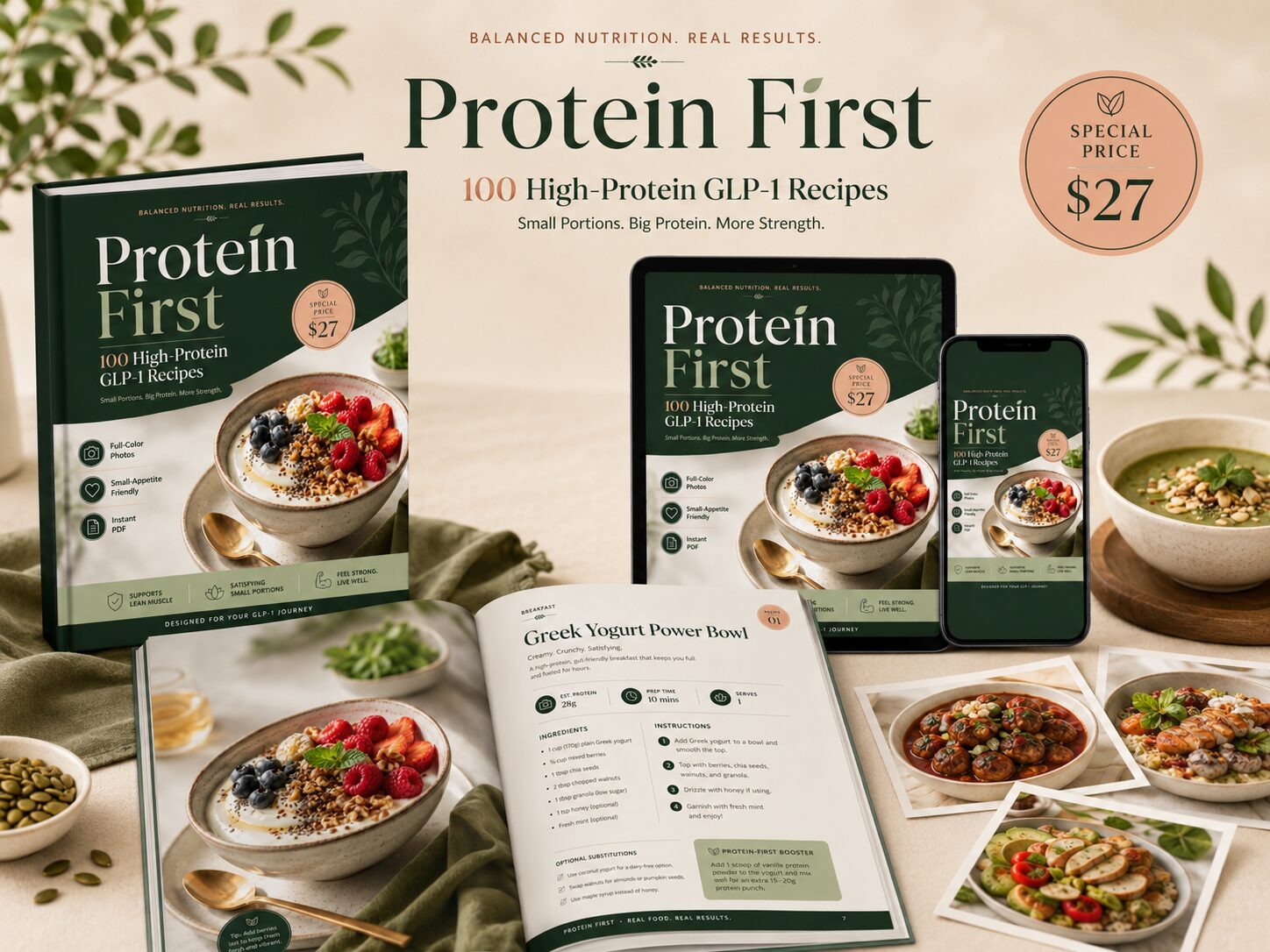 Protein First recipe book shown on multiple devices surrounded by recipe photos