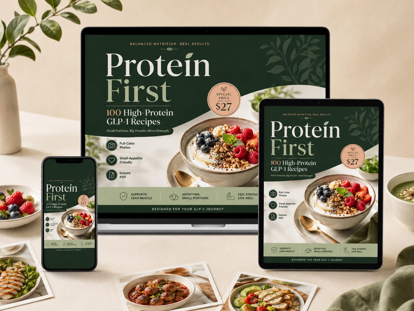 Protein First recipe book shown on a phone and a tablet