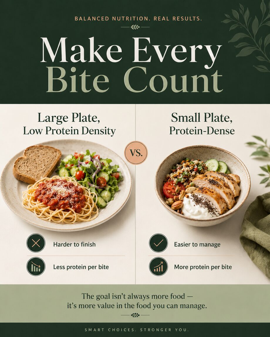 Large plate with low protein density marked hard to finish, versus a small protein-dense plate marked easier to manage